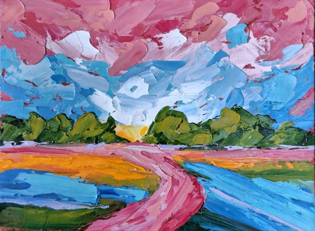 Original 6×8″ Oil Painting Textured IMPASTO abstract landscape river sunset pink