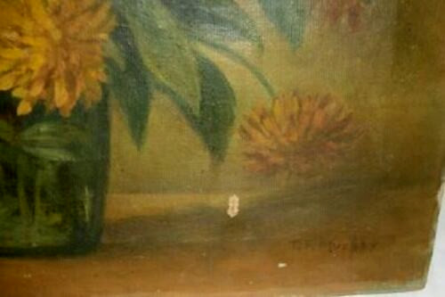 Victorian Floral Oil Painting Mums Cottagecore 1890s Signed TF Murphy Antique