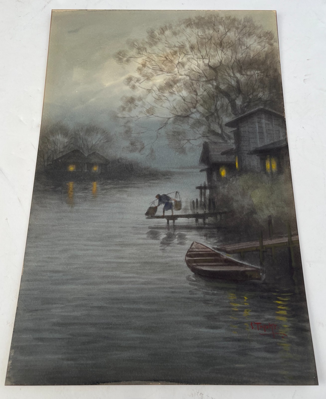 S. Tosuke ” Moonlit Landscape” Original Watercolor Painting on Cardboard. 1930s