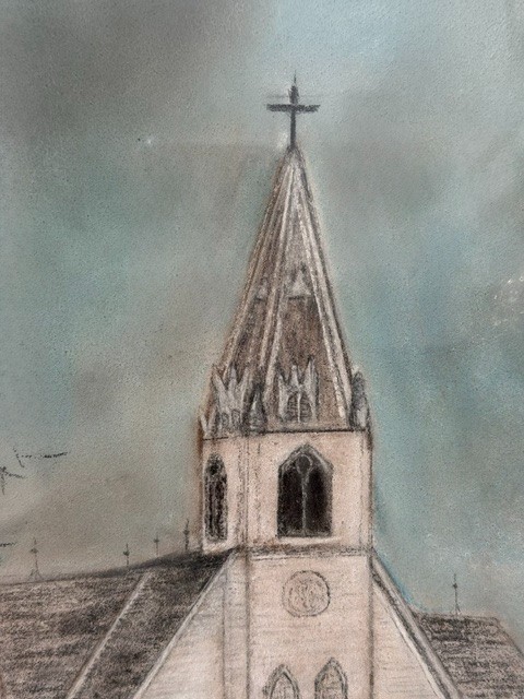 VINTAGE ORIGINAL PENCIL/CHALK FRAMED PAINTING WHITE STEEPLE CHURCH SCENE ARTWORK