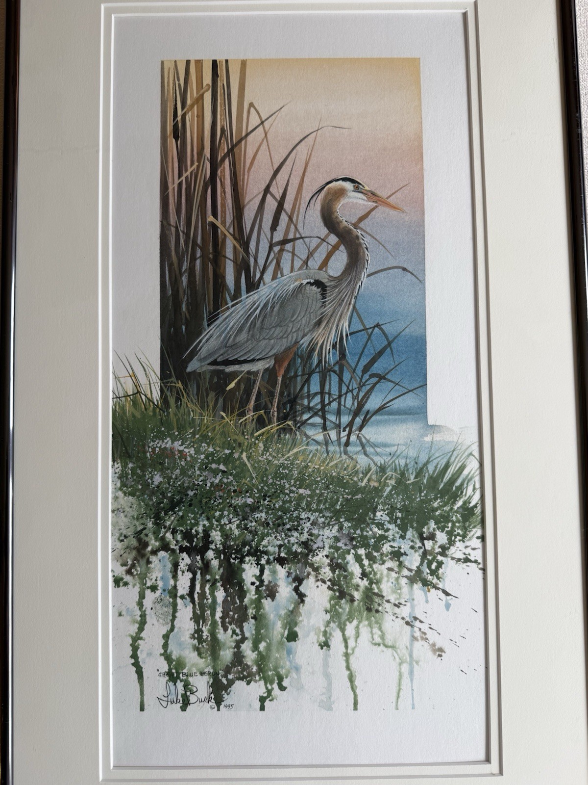 Luke Buck Great Blue Heron 1995 Signed Original Painting Matted & Framed