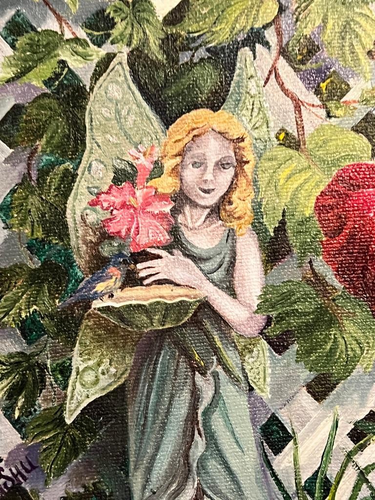 Oil Painting Garden Art Landscape Fairy Statue Flowers & Plants Artist Signed