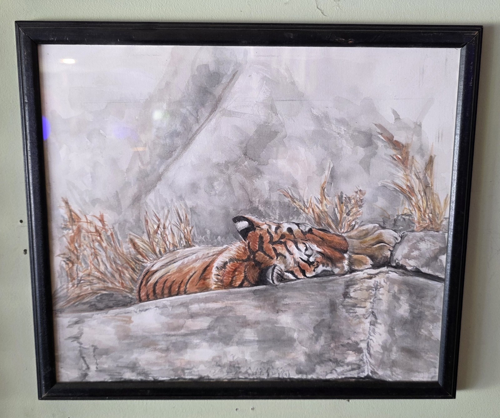 Sleeping Tiger Original Watercolor Painting Framed 15.25″x13.25″