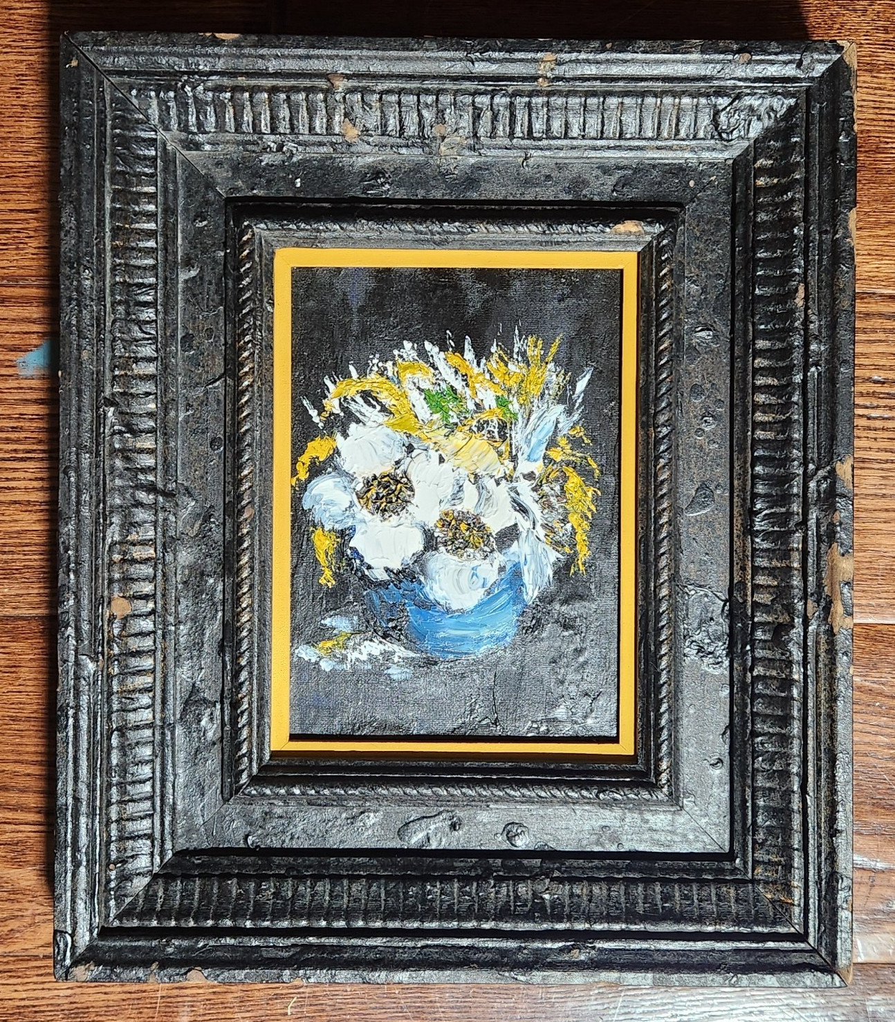 Vintage Original Impasto Floral Still Life Painting Carved Wood Frame 11″x12.5″