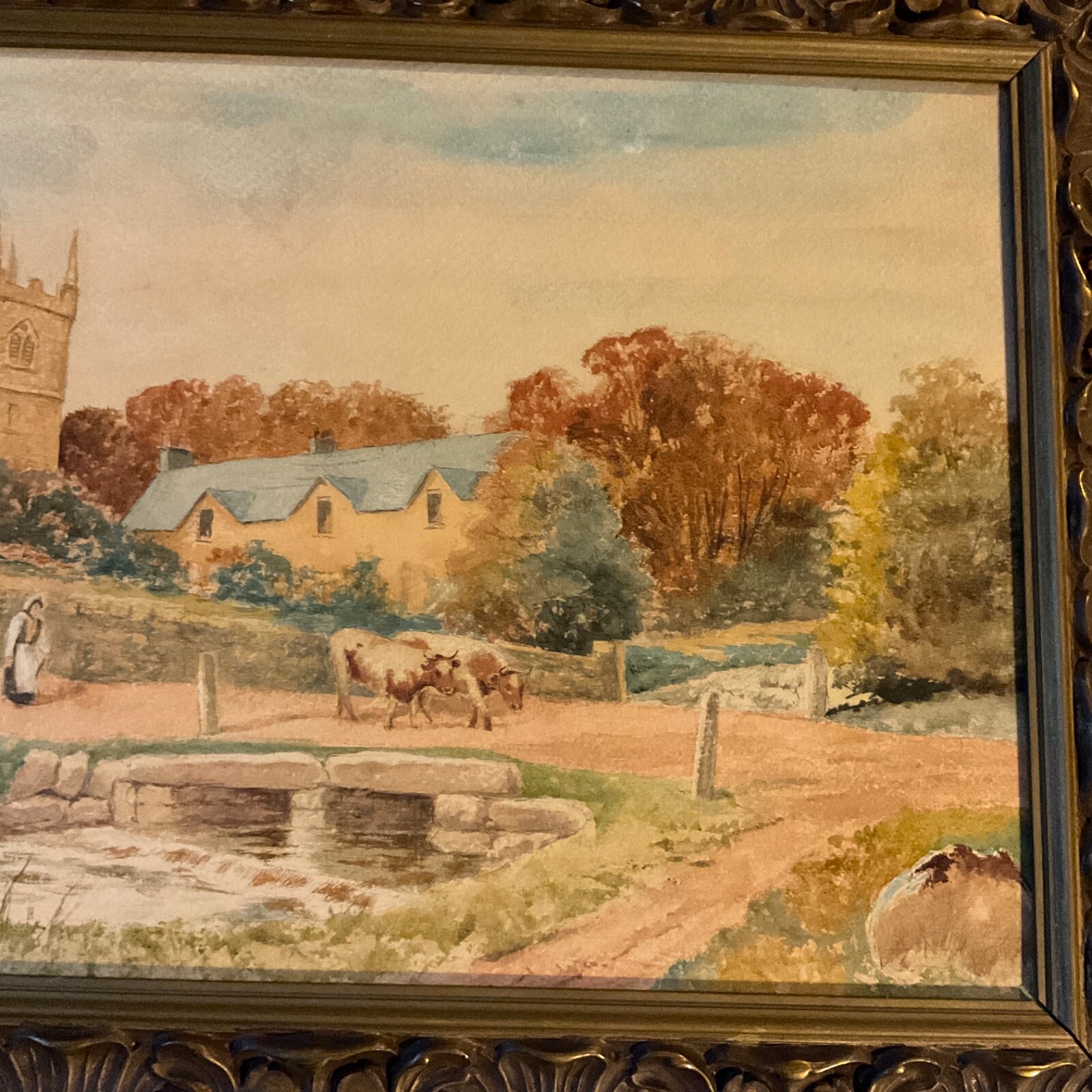 Antique 1900s landscape original PAINTING watercolor hand painted castle village
