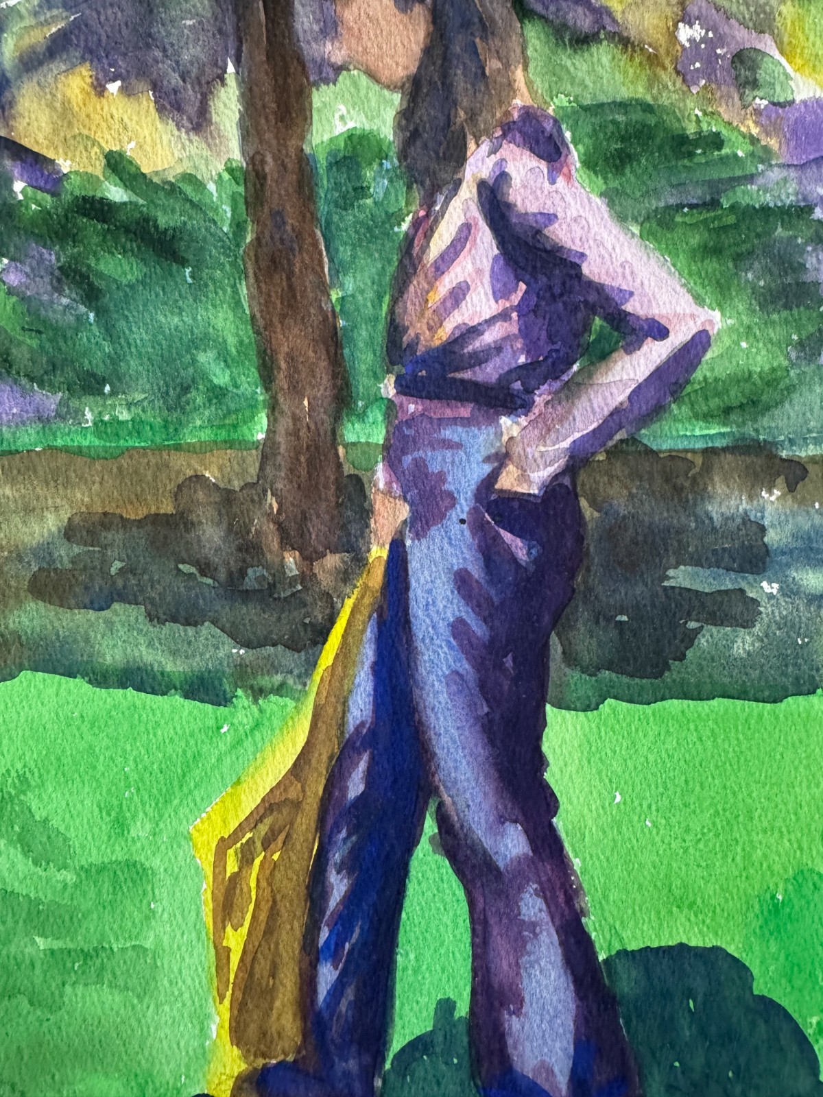 Vintage 1970s Watercolor Painting Woman in Park 10 x 13 Unsigned OOAK