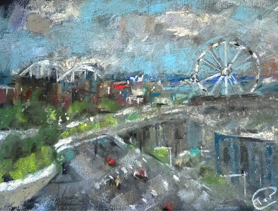 Original Seattle Great Wheel Painting, Washington Waterfront City, Artist Signed