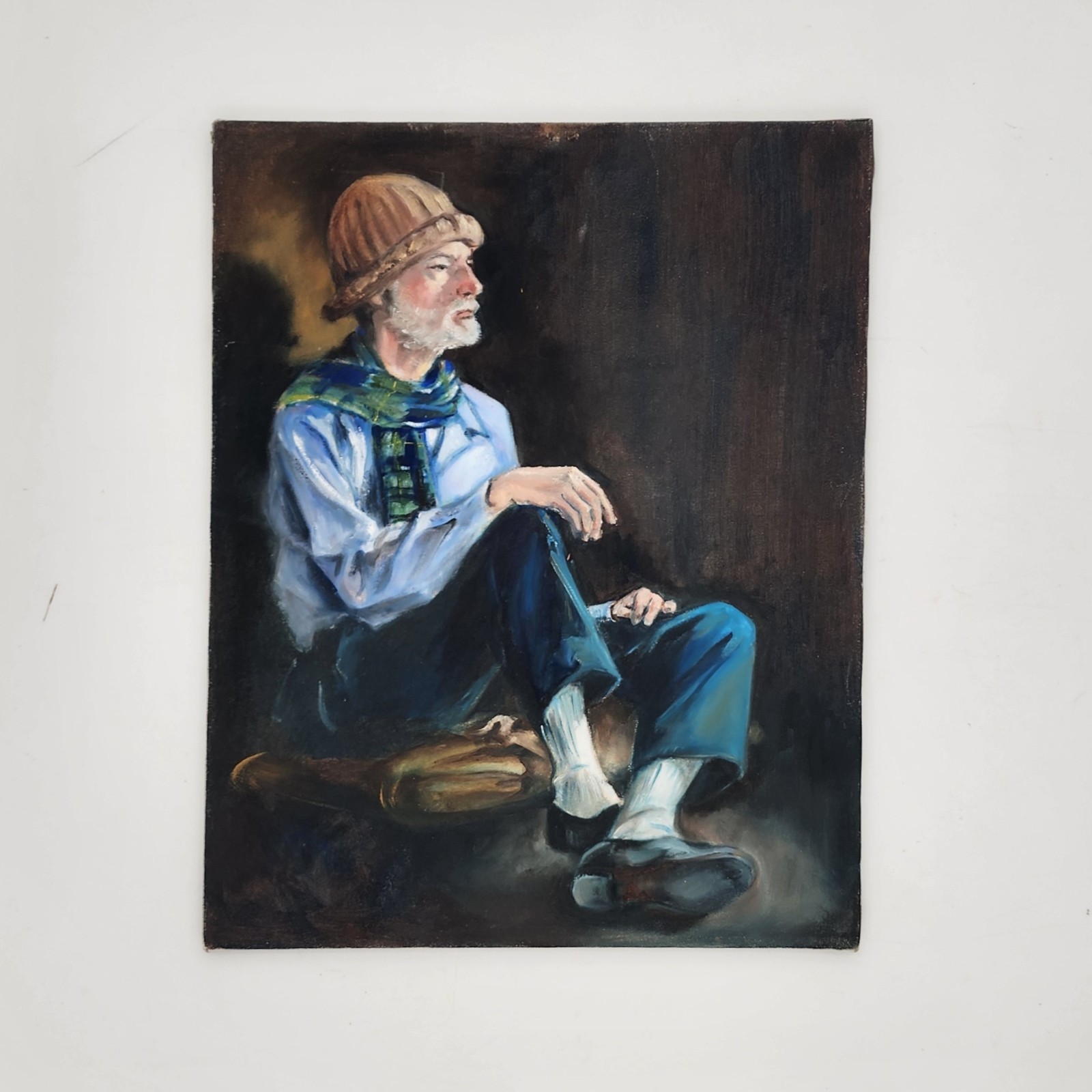 Original Oil Painting Portrait Seated Older Man Blue Scarf & Brown Knit Cap Art