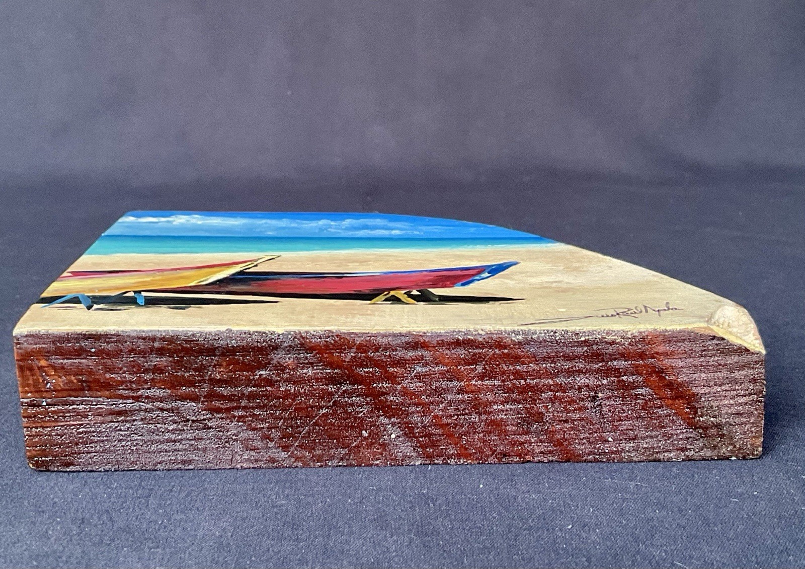 Painting On Wood 4.5″x 5.5″ Signed Folk Art Tropical Boat Scene Coastal Decor