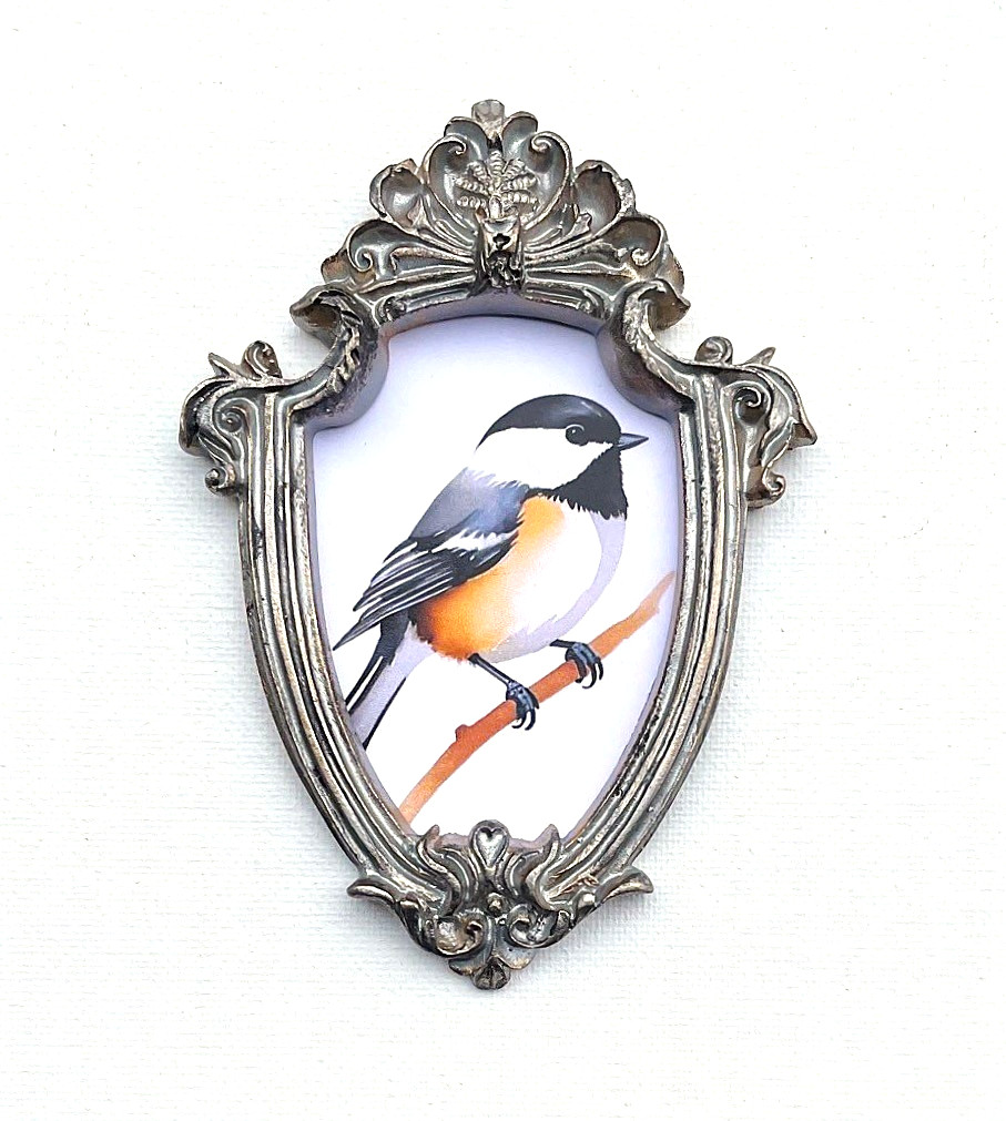 Chickadee Bird Framed Tiny Miniature Mini ART PRINT Gold Silver Frame NOT ACEO