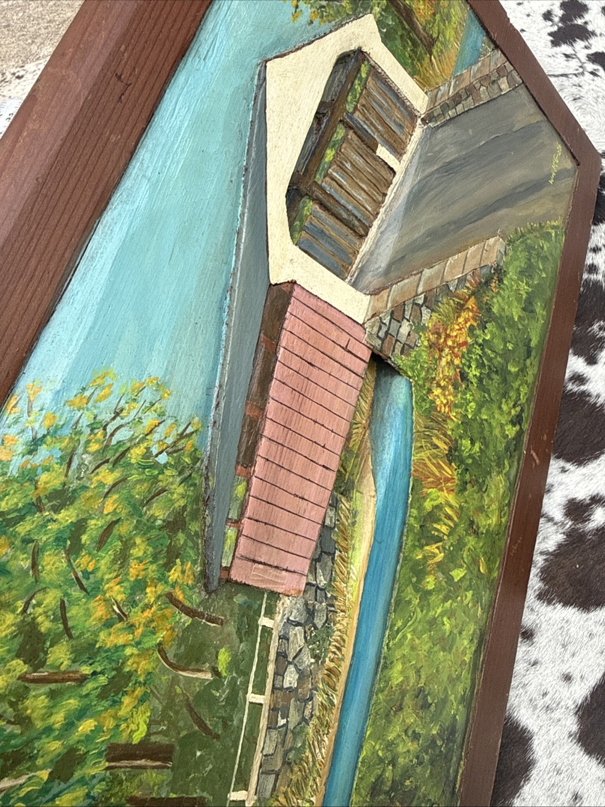 Vintage Wm. McGrath Signed Covered Bridge Folk Art Painting – 3D Relief on Wood