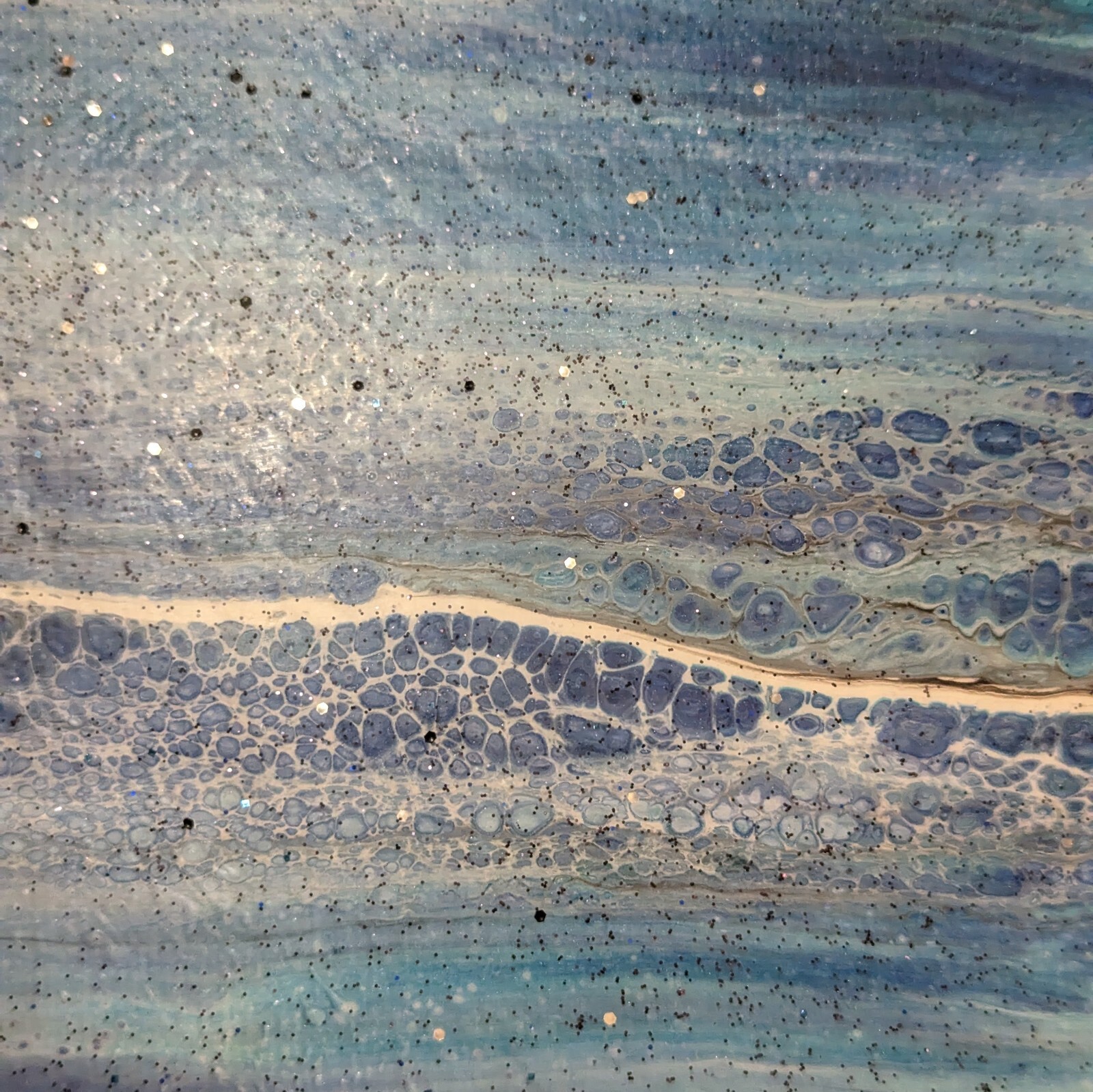 Dark Reflections in Blues – Acrylic Pour Swipe Painting 30″ x 30″ x 1.5″