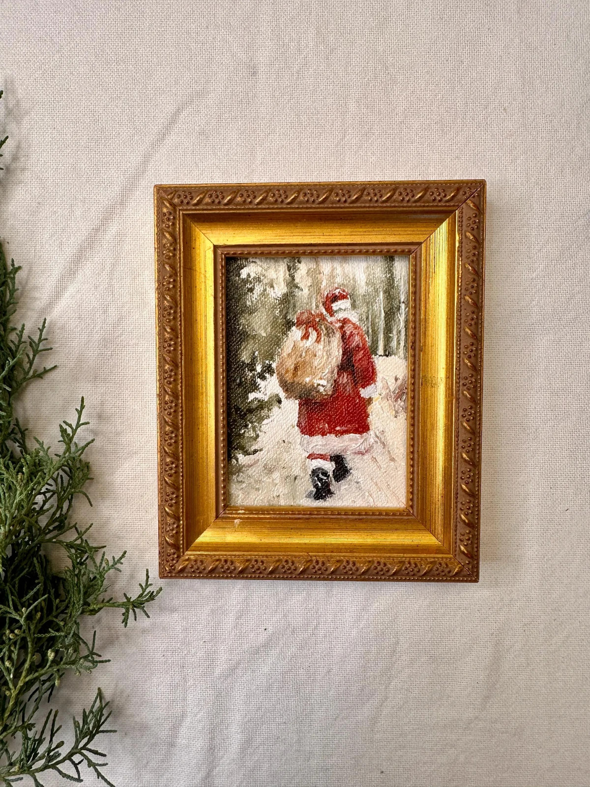 Adorable Vintage Santa Winter Scene Painting in a Handcrafted Frame