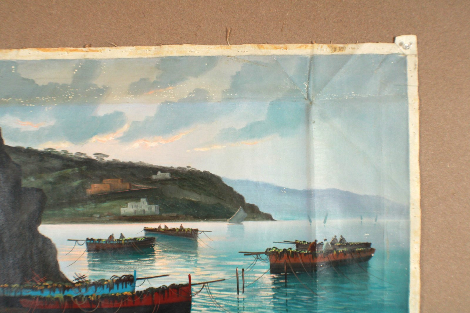 Antique Seascape With Boats And Mountains Scene Oil Painting Singed G. Levre