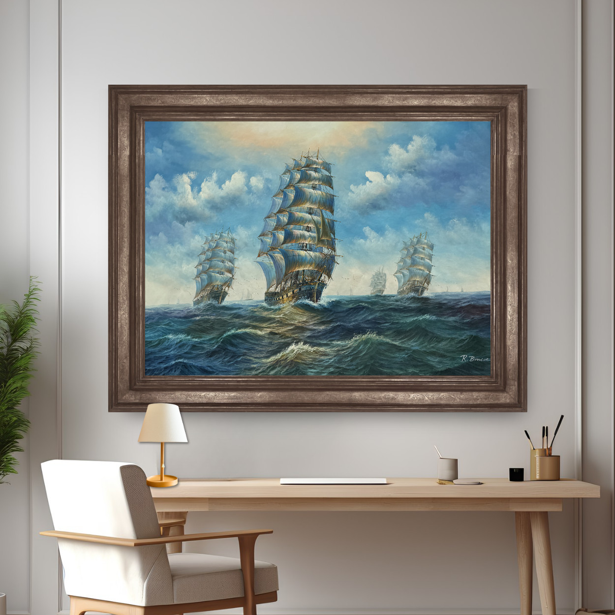 Vintage Sailing Ship Oil Painting Seascape Ocean Tall Ships Nautical Art 48×36