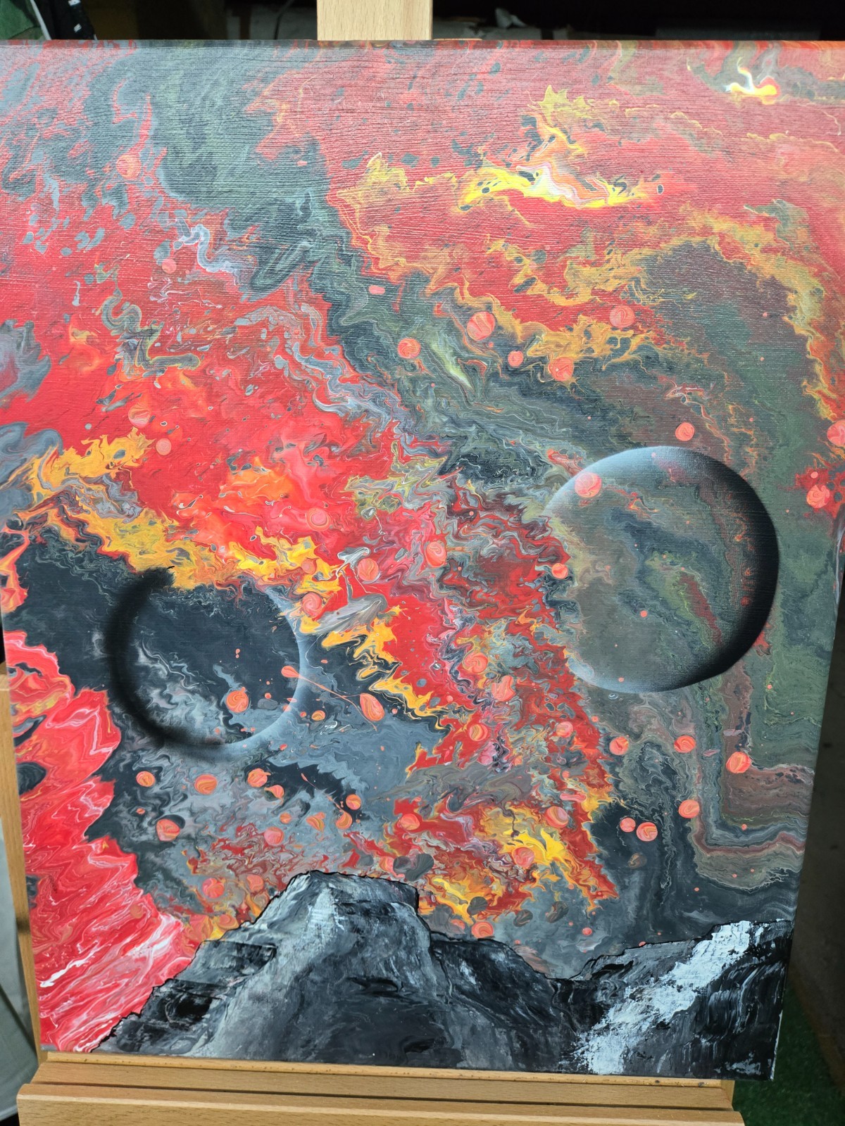paintings on canvas, 16×20 and 20×20 on wood canvas. all are acrylic based.