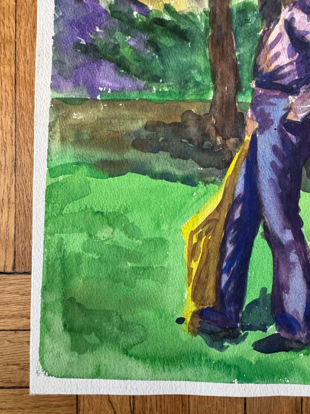 Vintage 1970s Watercolor Painting Woman in Park 10 x 13 Unsigned OOAK