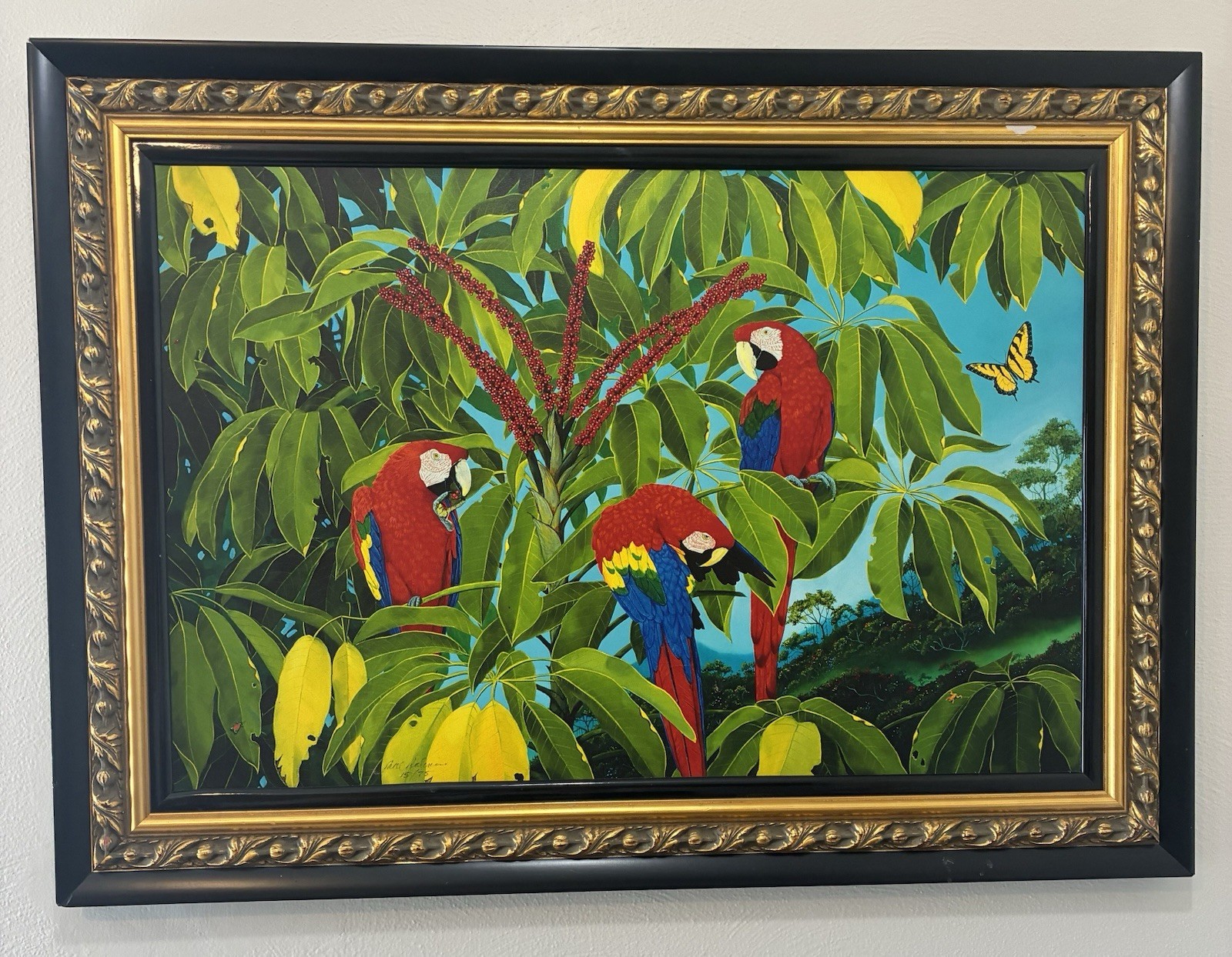 Sal Salinero Florida Artist Scarlet Plumage and Schefflera Blooms 36×26 Giclee