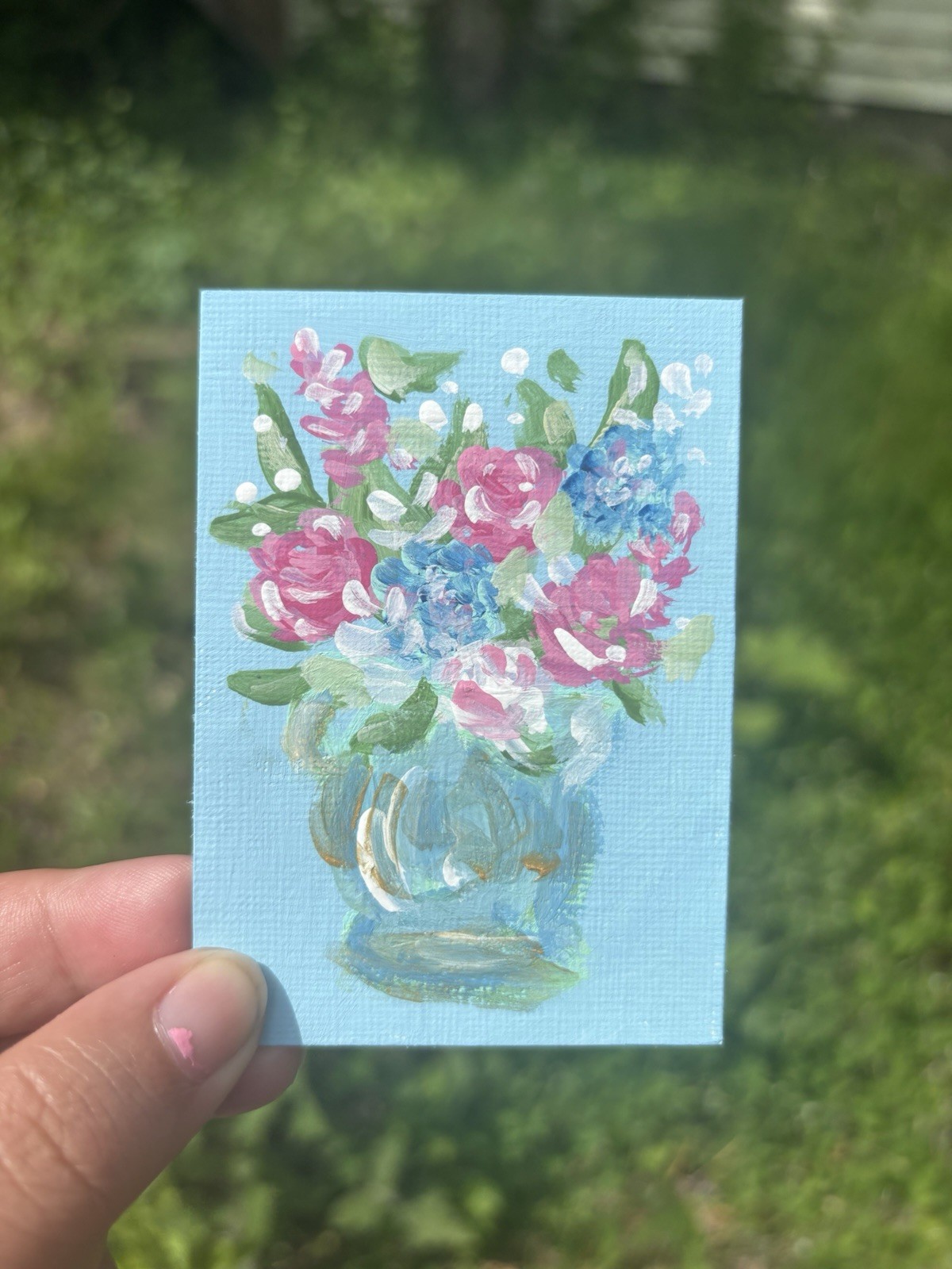 ACEO Original Art Flower Still Life Pink & Blue miniature acrylic painting ART