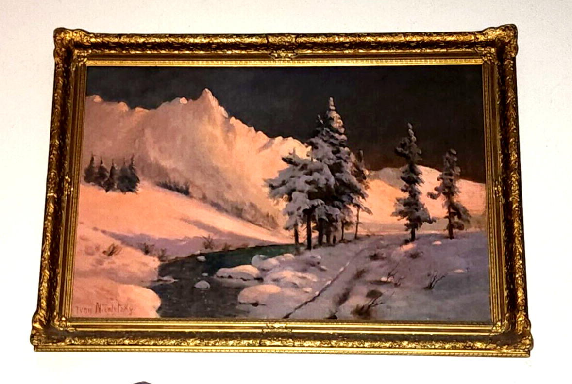 Russian Artist Ivan Nicoletzky Snowy Painting Red Sunset Mountains in the Snow