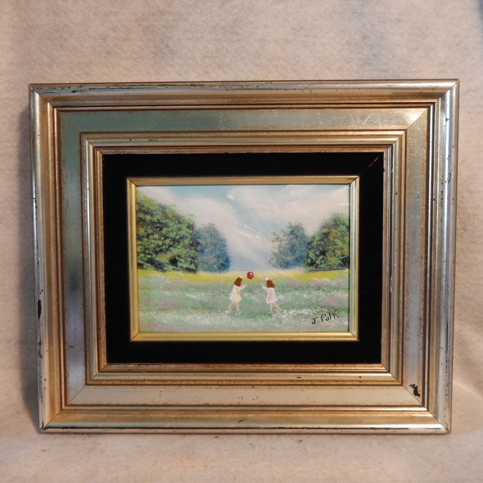 Vintage J POLK Enamel Girls Playing In Field Copper Painting Matted Framed Art