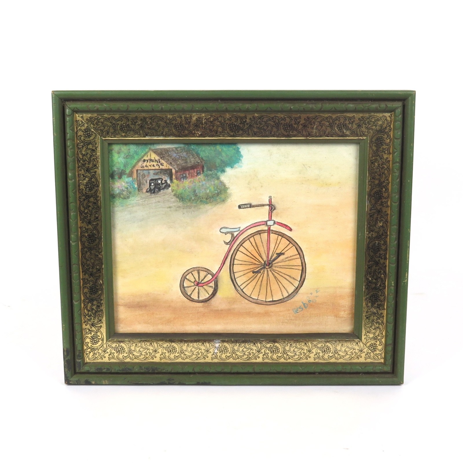 Vtg Green Gold Frame Bike Painting Watercolor Canvas Orpahs Garage V Buraford