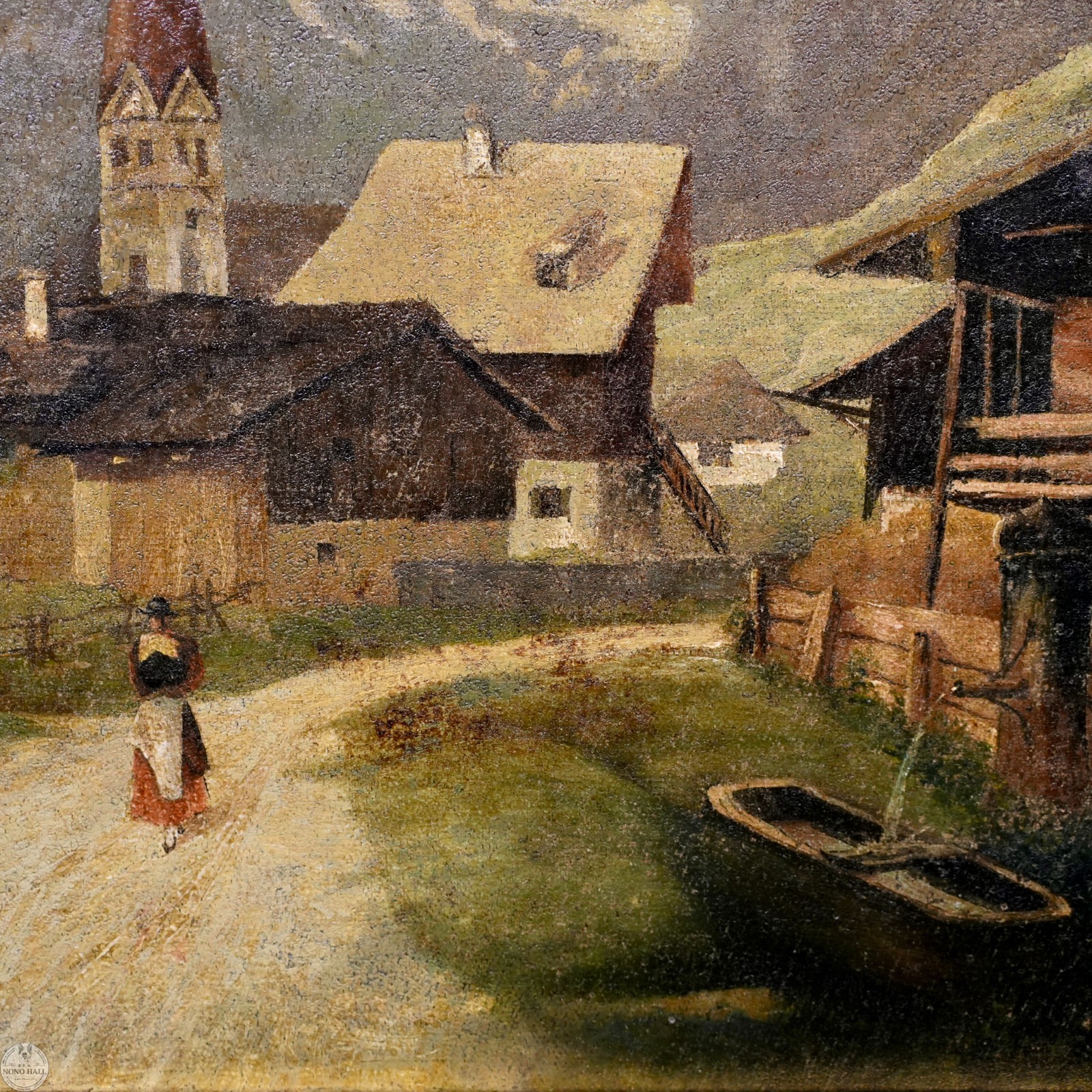 Antique 19th C. Original Landscape Oil on Canvas “Alpine Village” By R. Albrecht