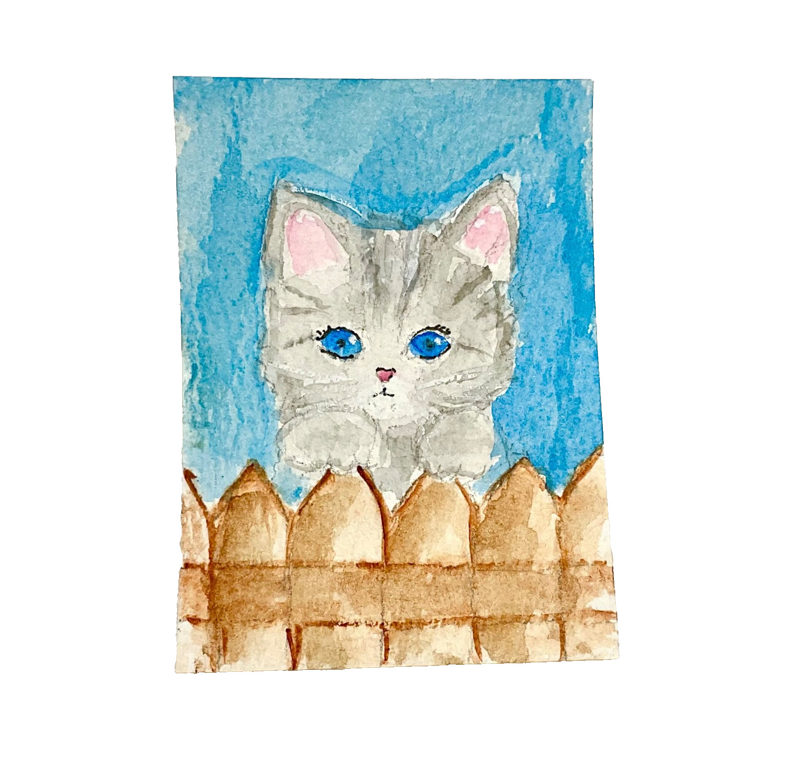 ACEO original cat kitty looking over fence ATC OOAK Cherie Donnell
