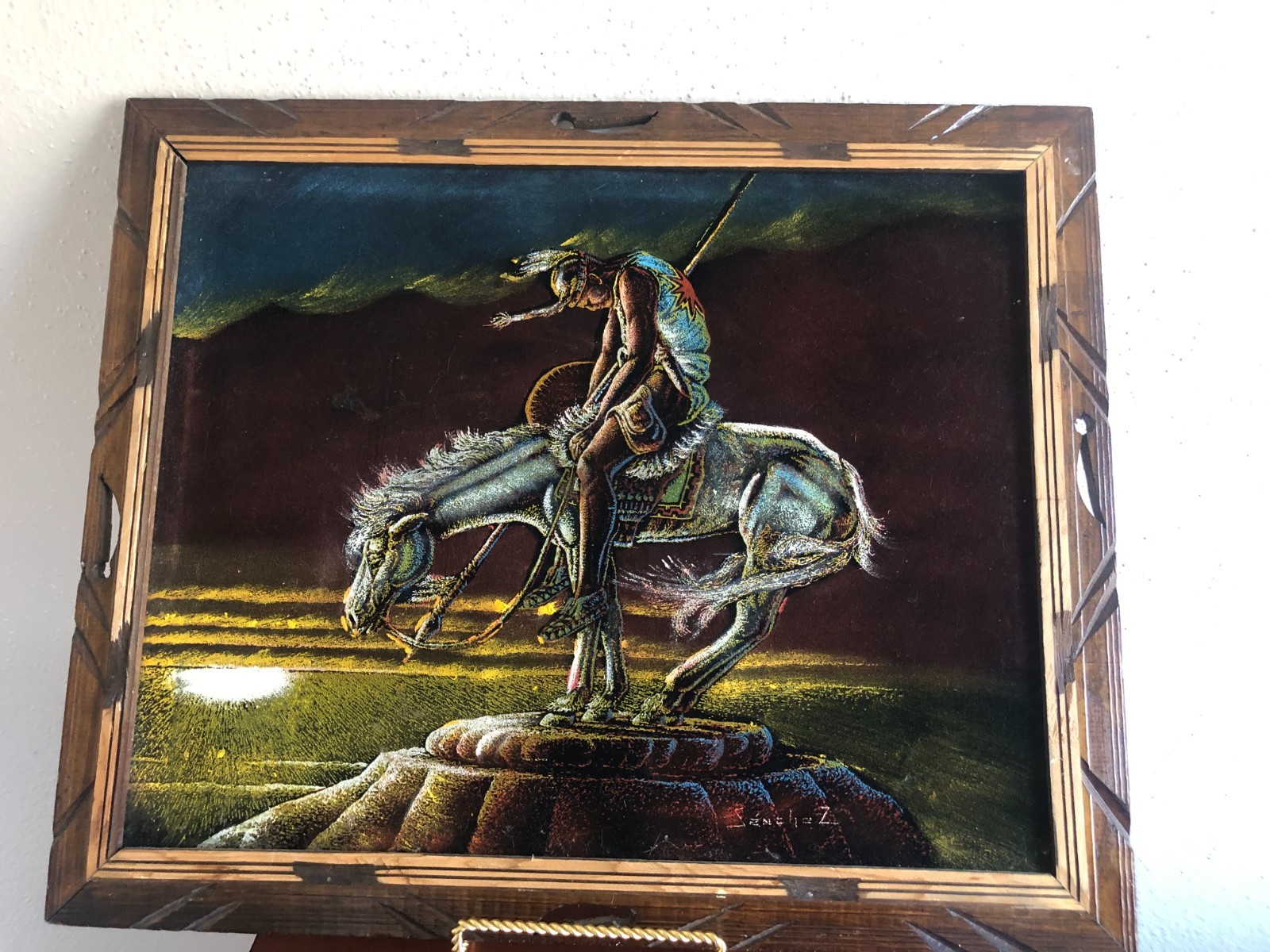 Vintage Velvet Painting Native American Warrior on Horseback 23″ x 19″