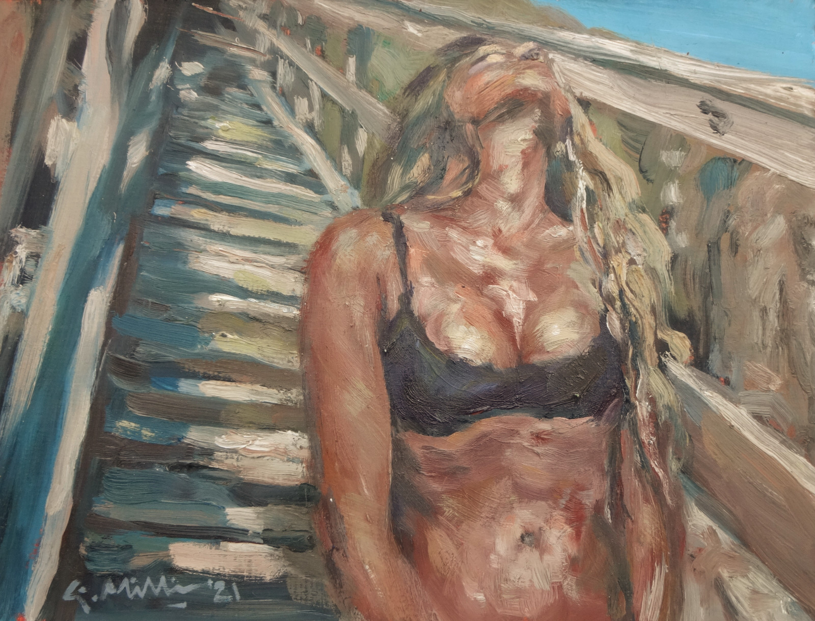 GERRY MILLER-. Original Artwork.”Steps” oil paint on cardboard.37x28cm