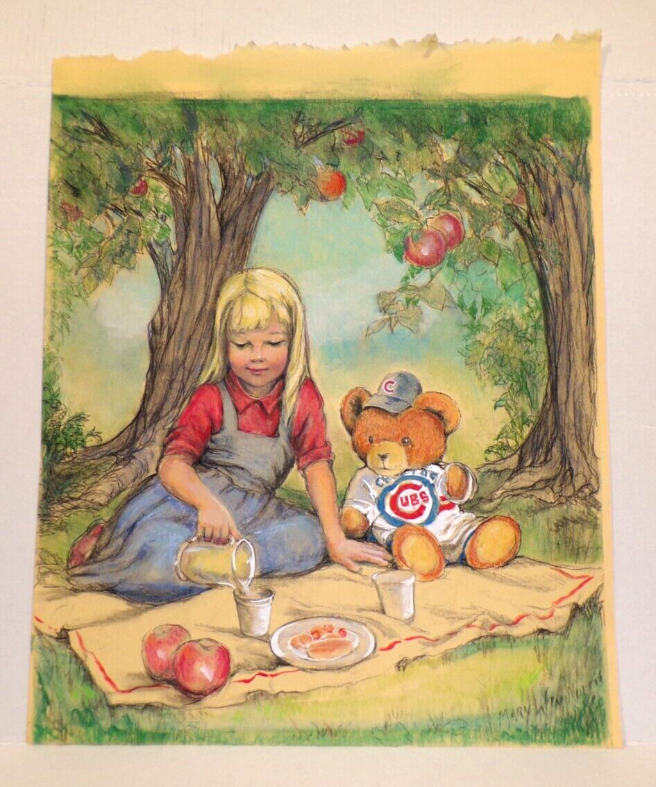 Original Chicago Cubs Pastel Painting Mary Win Norris Girl Teddy Bear Picnic VTG