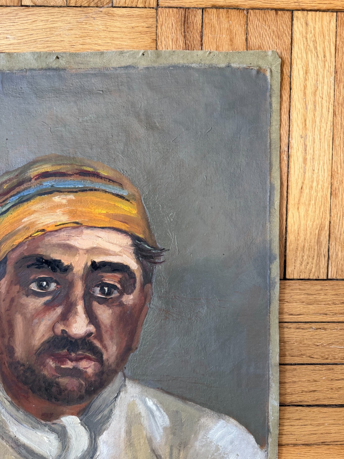 Vintage C.1940 Portrait Oil on Canvas Man Yellow Hat Attr Jean Schweckler 21×15