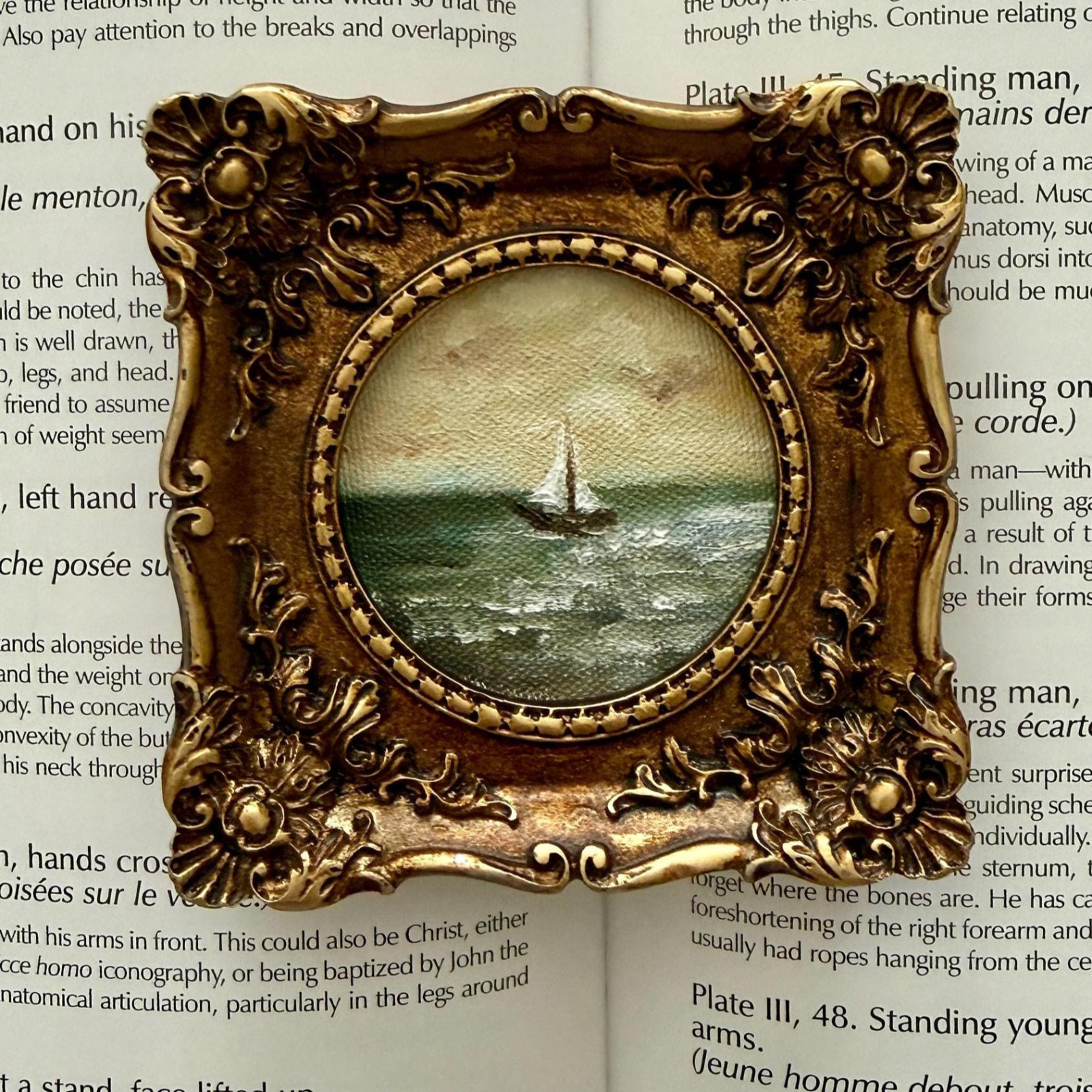 Original Miniature Oil Painting – Oval Seascape Art, Moody Nautical Decor