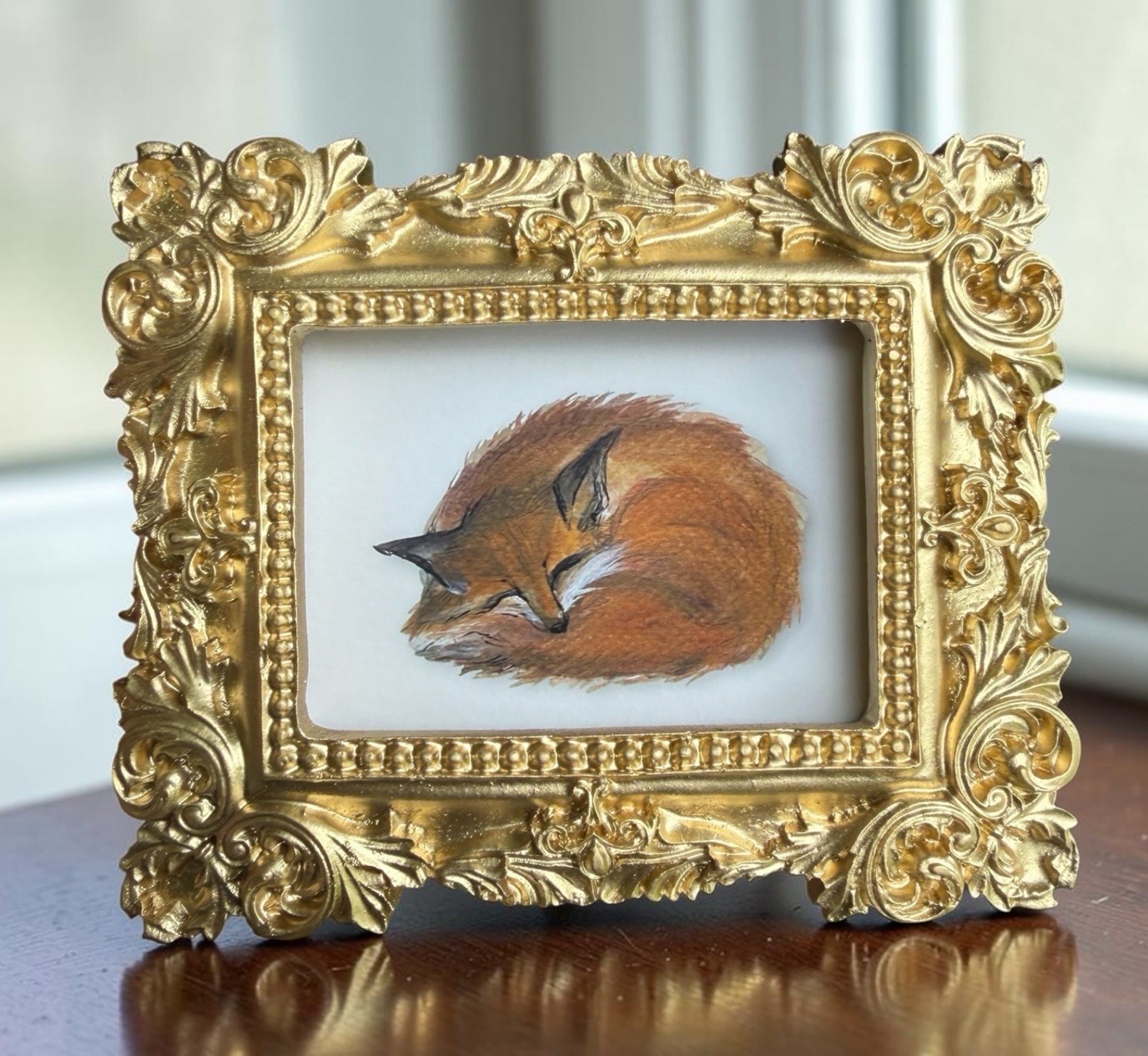 Red Fox Resting mini watercolor animal print in vintage style ornate frame