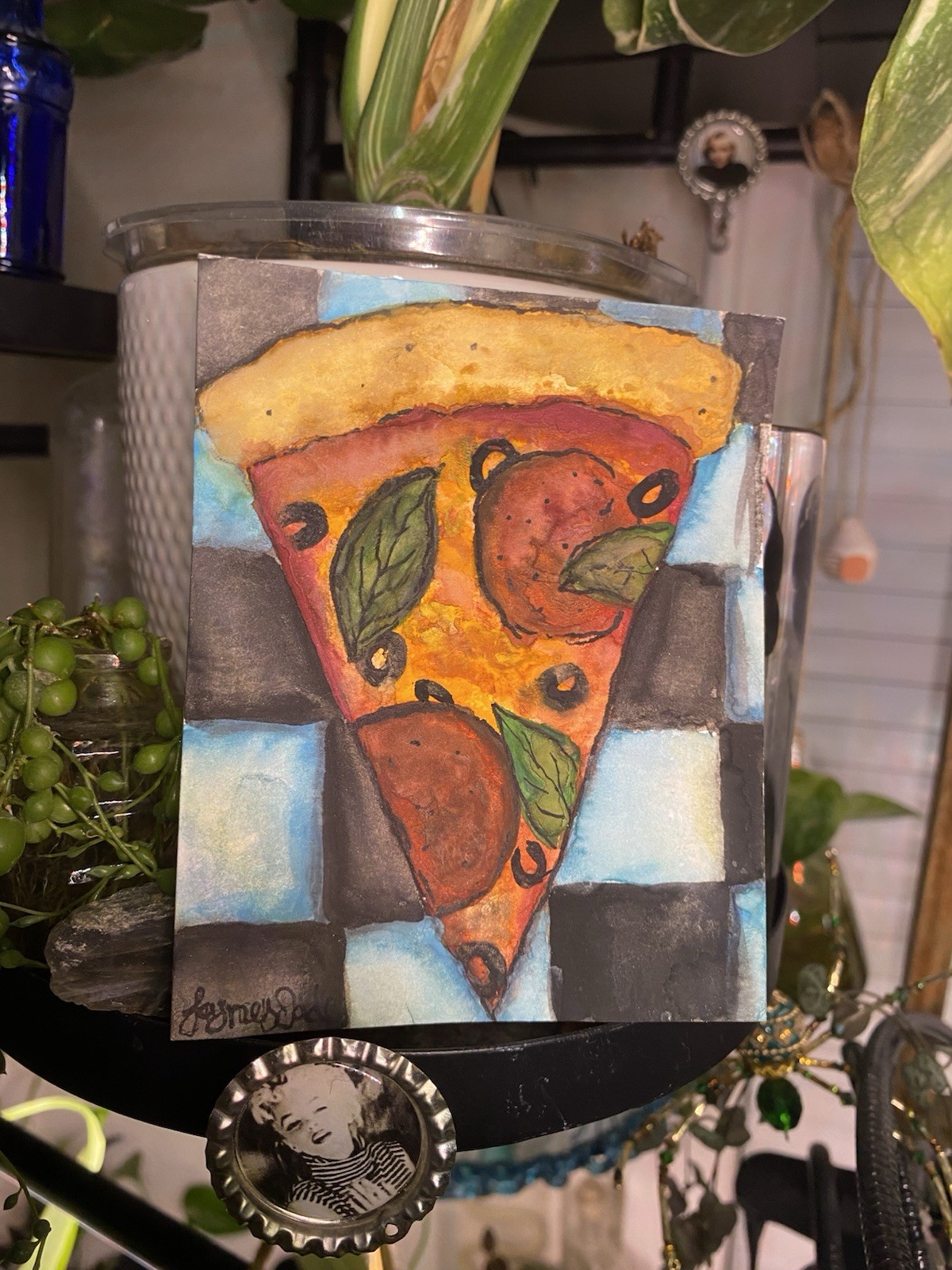 Original Watercolor Painting Pizza Italian Food Kitchen Decor Art Signed 3×5