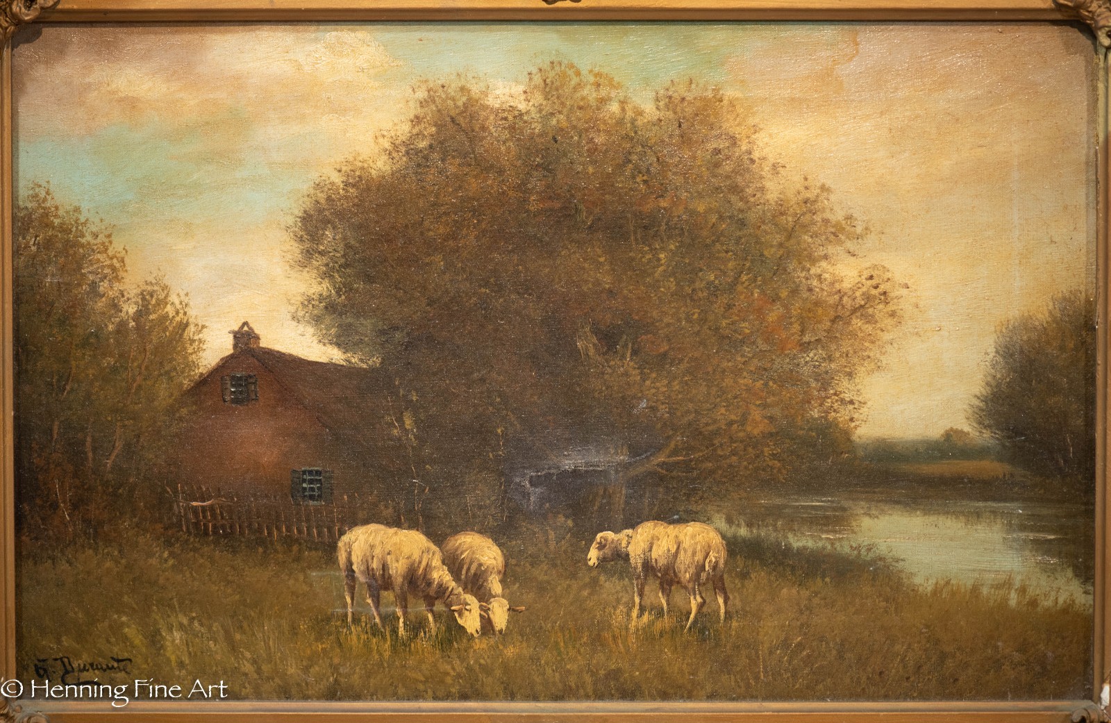 G. Durant Antique Oil Painting of Sheep in Traditional River Landscape 21×29″