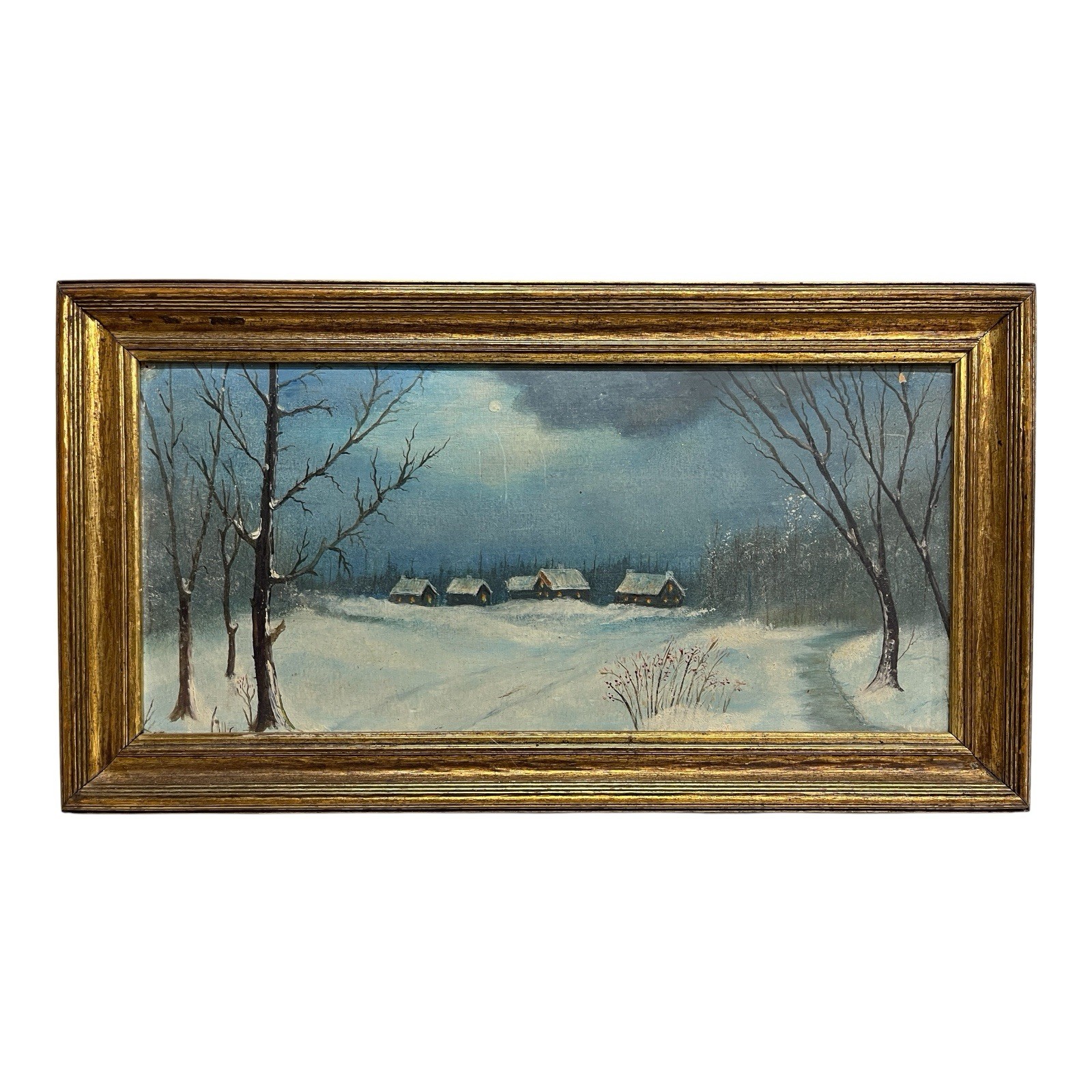 20th Century Vintage Oil Painting On Board Nocturnal Night Scene Snow
