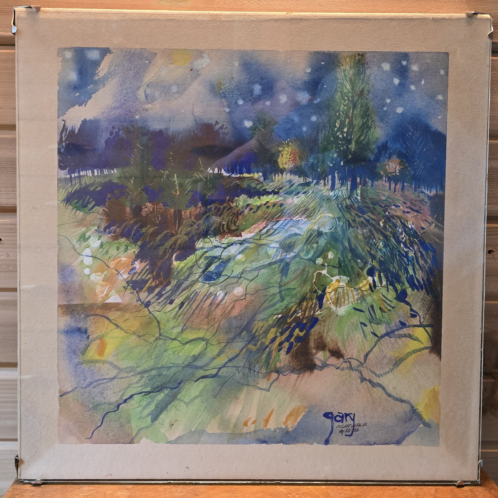 Vtg 1972 Original Watercolor & Gesso ‘Night Walk’ by Gary Hopkins 18″x18″ OOAK