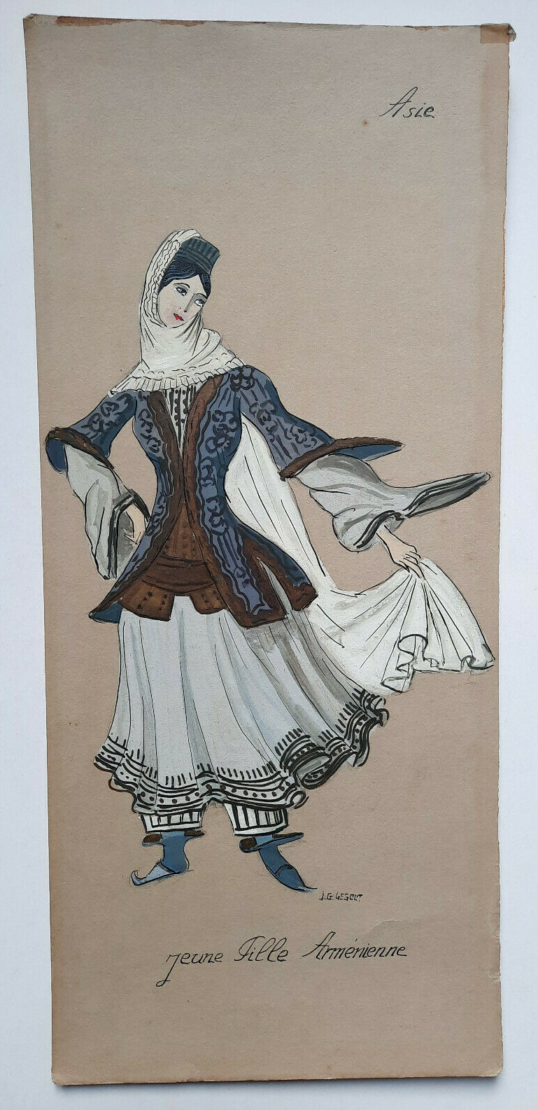 Young Armenian Girl Gouache Painting Legout Costume 47x21cm Asia XX°