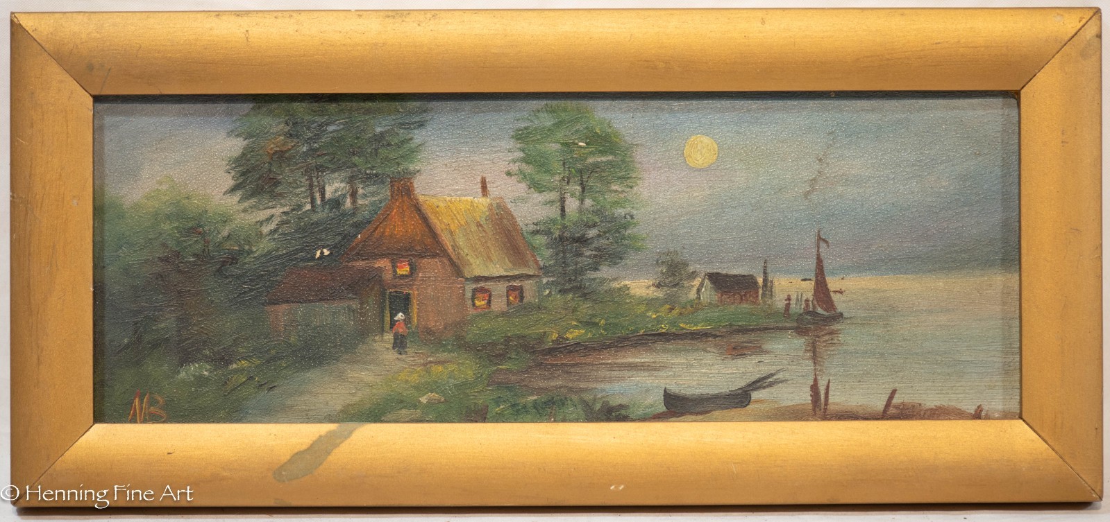 Antique Virginia Oil Painting Riverside Cottage Full Moon Signed “MB” 6.25×13.75