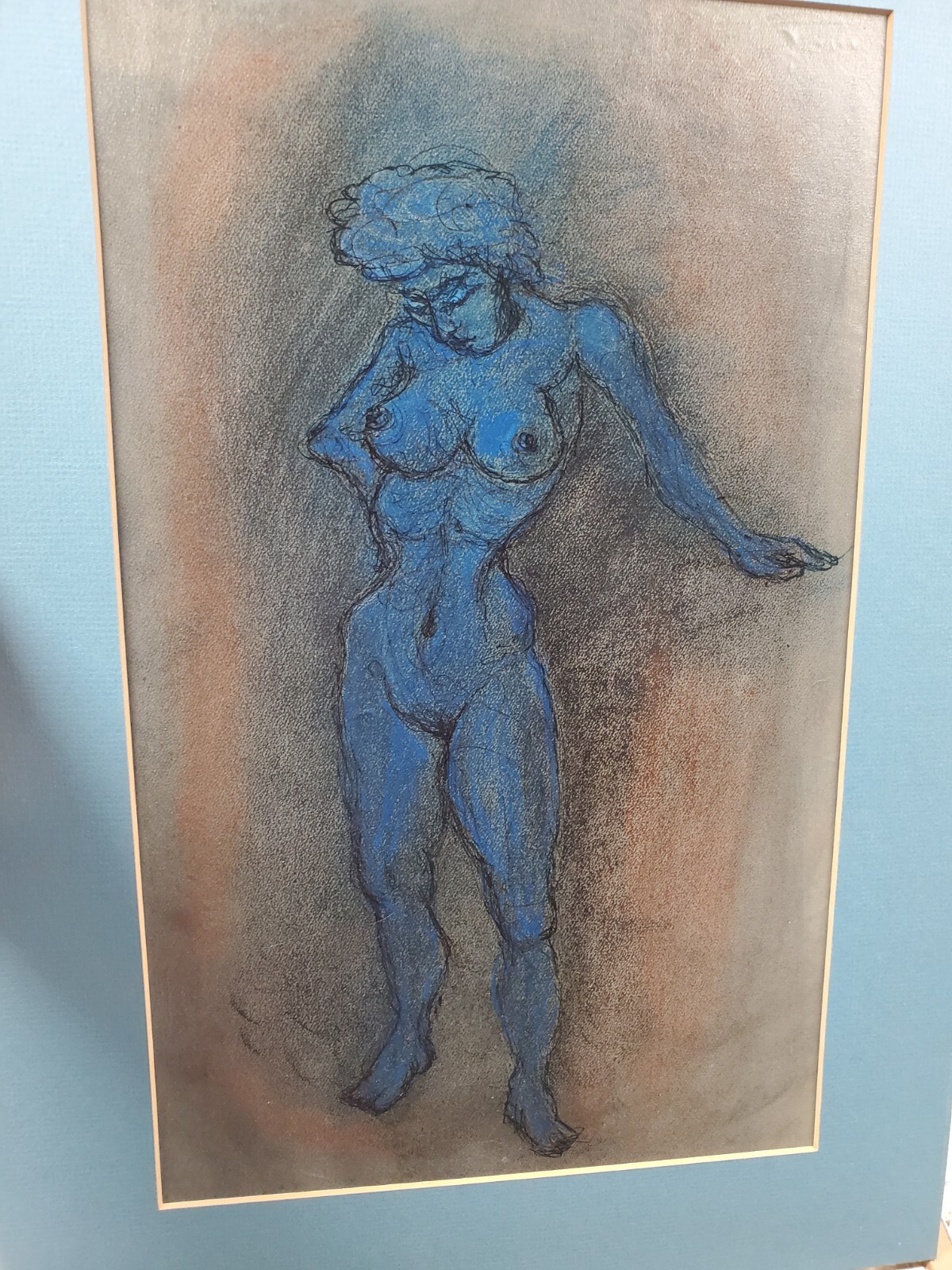 Expressionist Acrylic Painting Nude Naked Female Form Woman Matted 16×23 (h32)