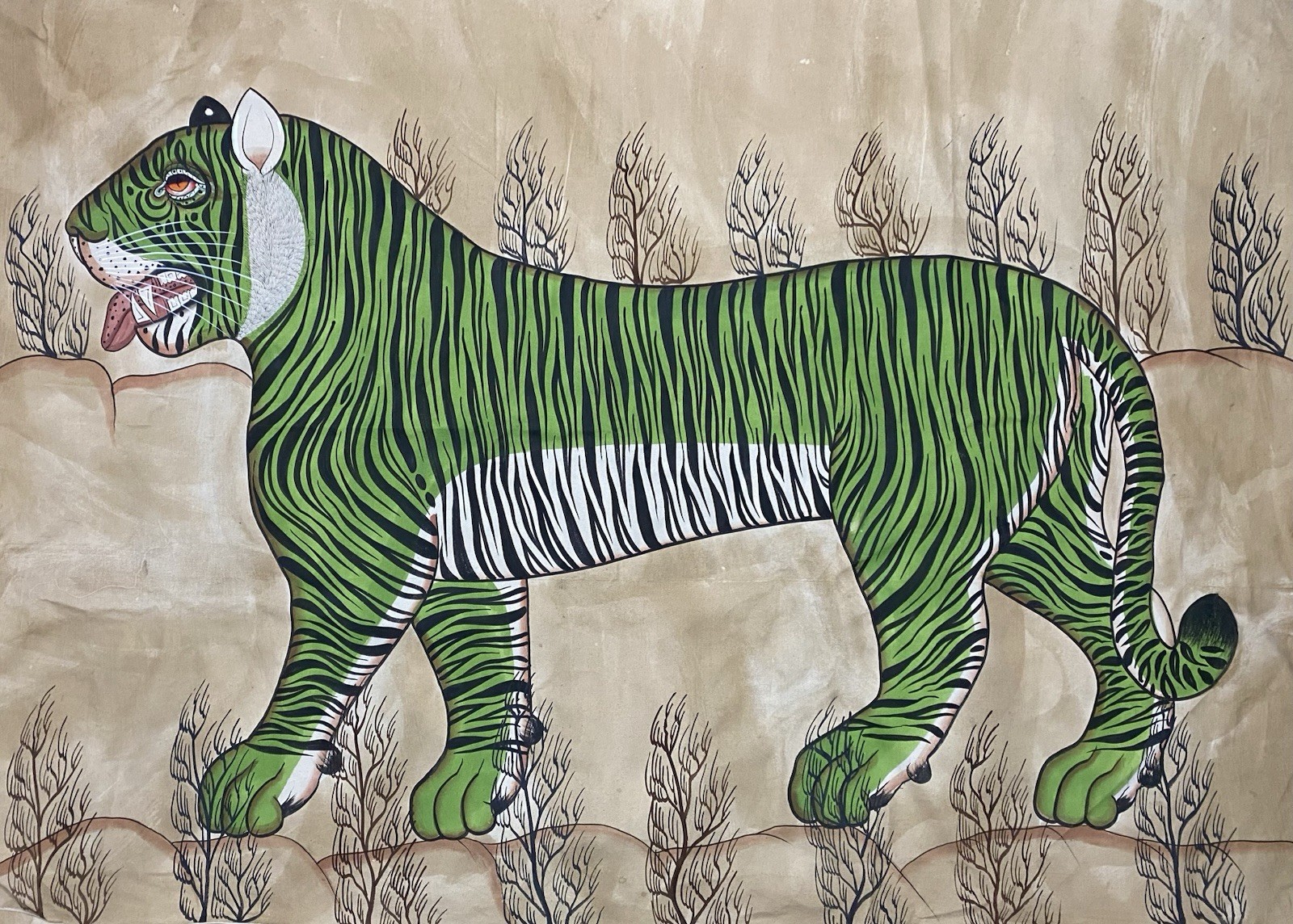 Jaime Parlade Green Tiger Painting 1980s ” 50Inches X 72 Inches “