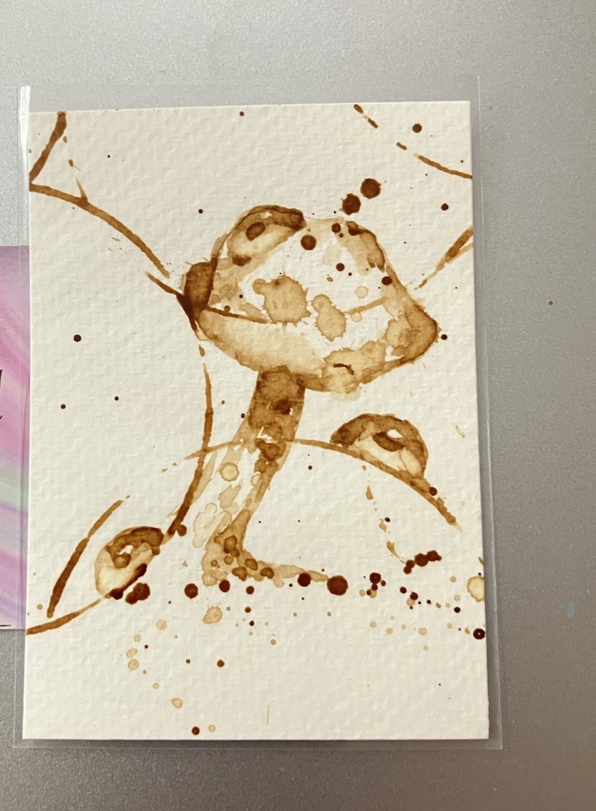 ORIGINAL Mushrooms Coffee Painting Ladybug Art Miniature Realism Aceo USA Eakin