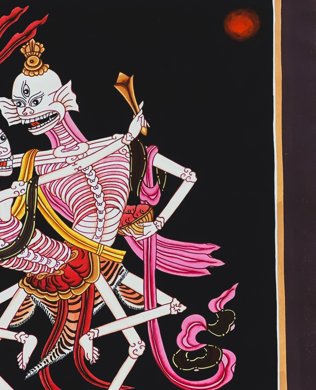 CITIPATI DANCING SKELETONS HAND-PAINTED TIBETAN THANGKA ART WITH SILK BROCADE