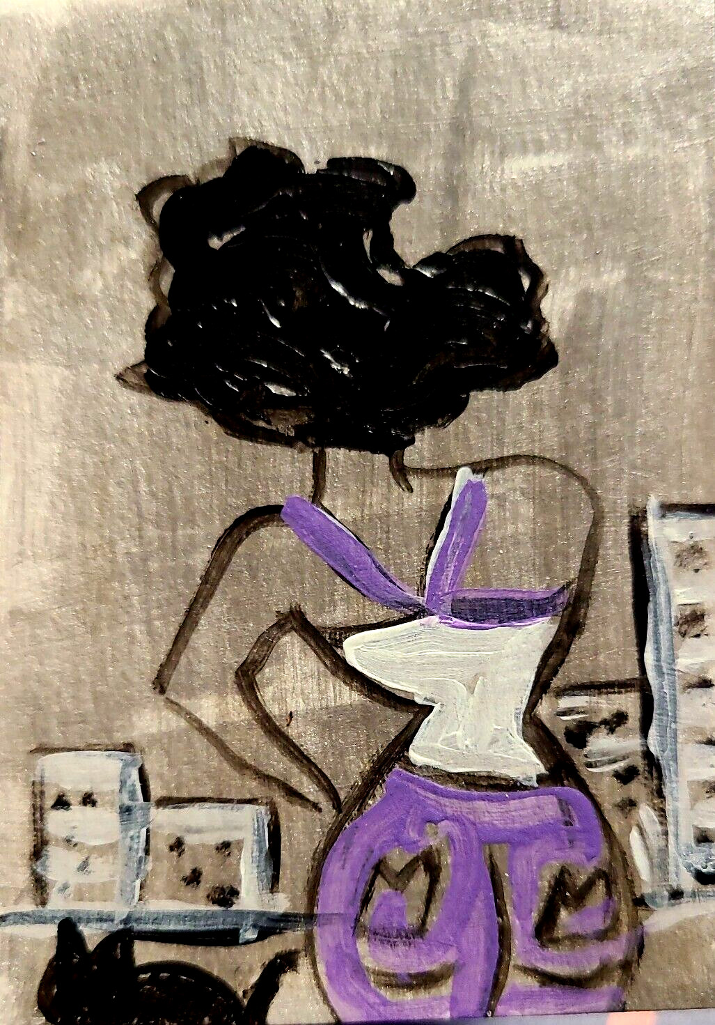 ORIGINAL ACEO PAINTING CAT WOMAN KITTEN Miniature Card By Carole Collin