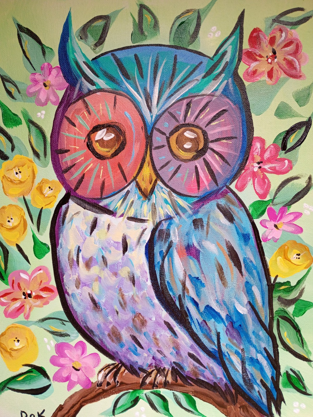 Floral Owl 11×14 Canvas Original Art Expressionism Abstract Night Bird For Kids