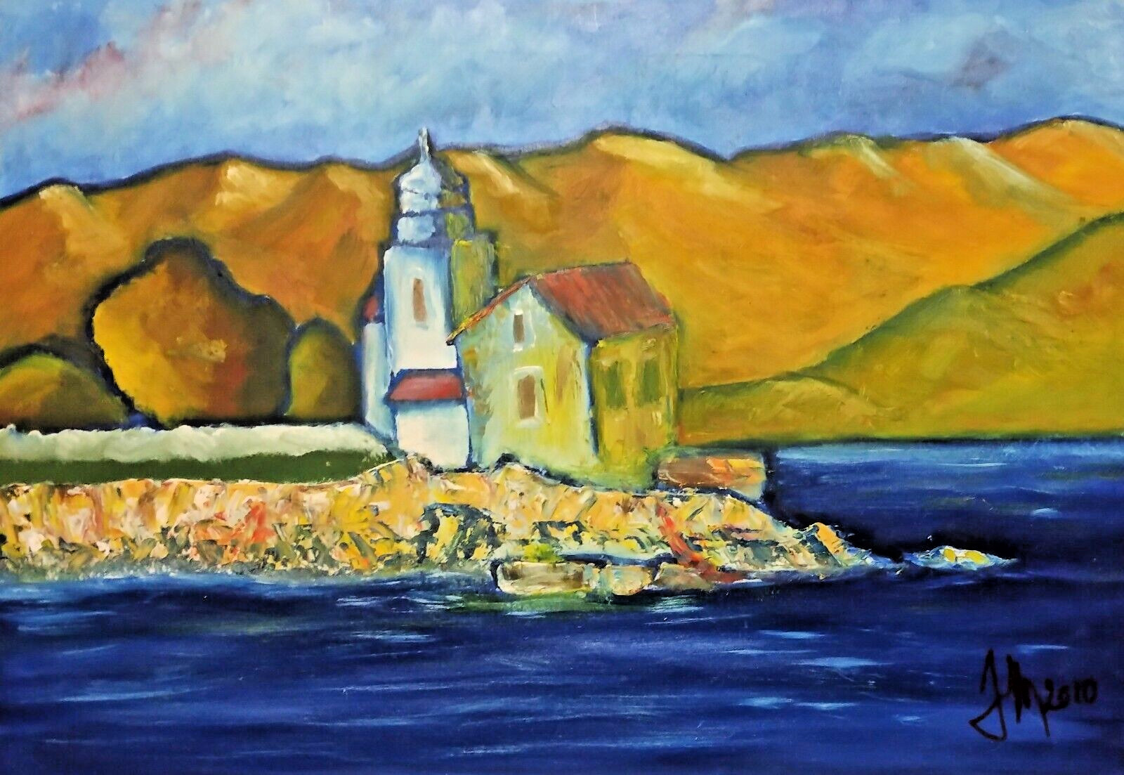 Original Oil Painting Church by the Sea Expressionism Seascape Croatia 2010