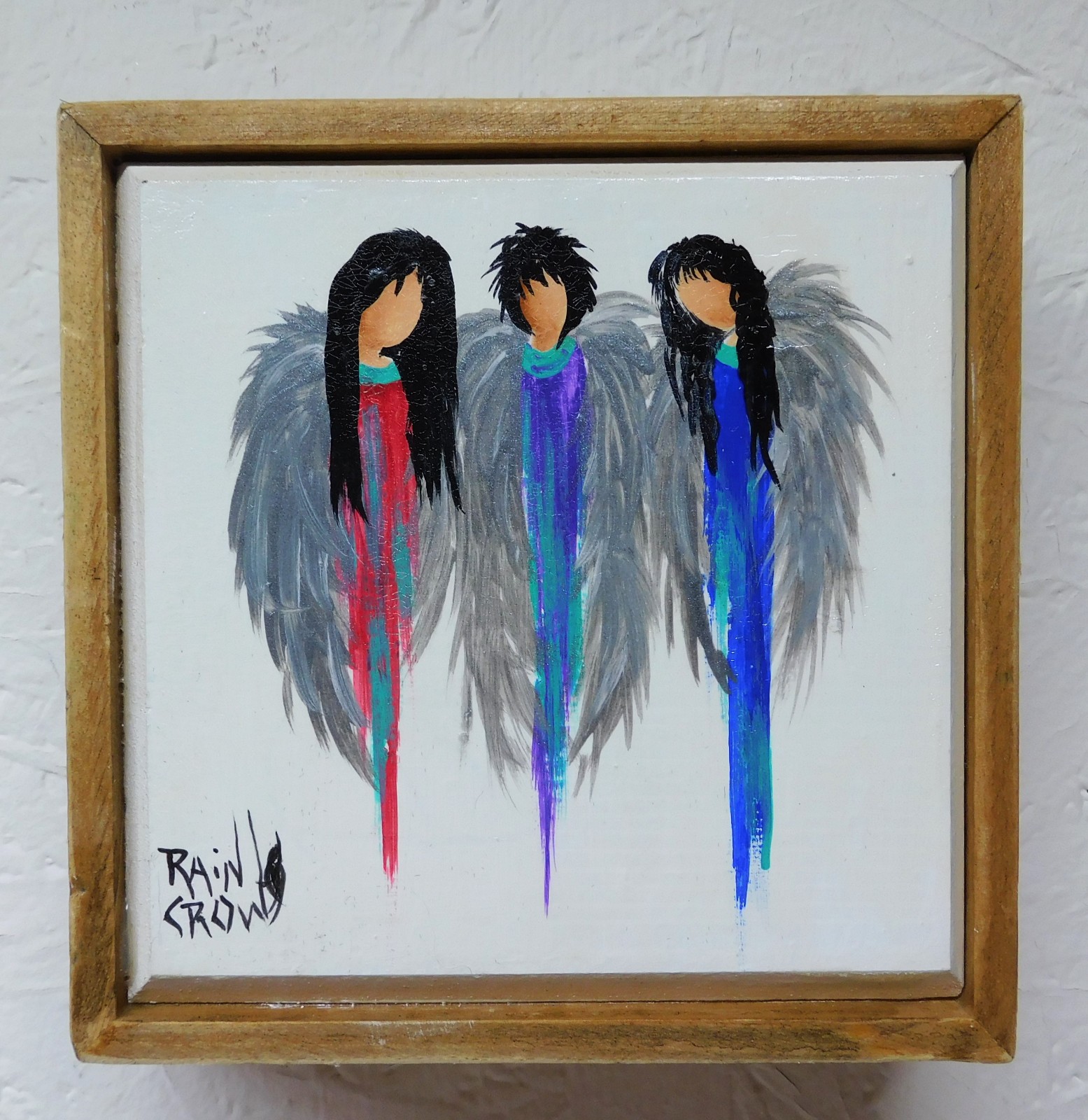 Trio of Angels in Wood Frame Original Art Painting by Rain Crow