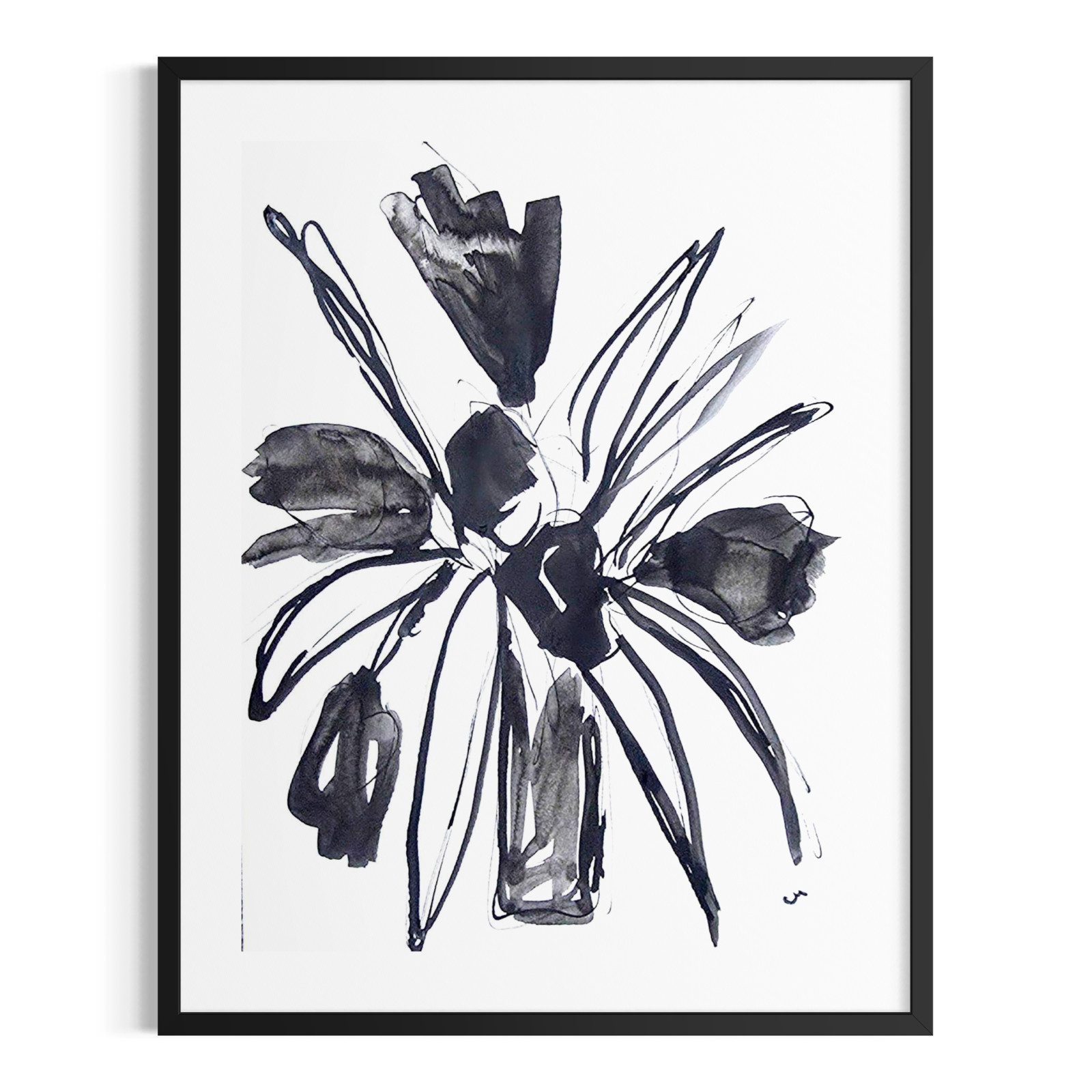 Original Abstract 9×12 Botanical Floral Painting Minimalist Black White Wall Art
