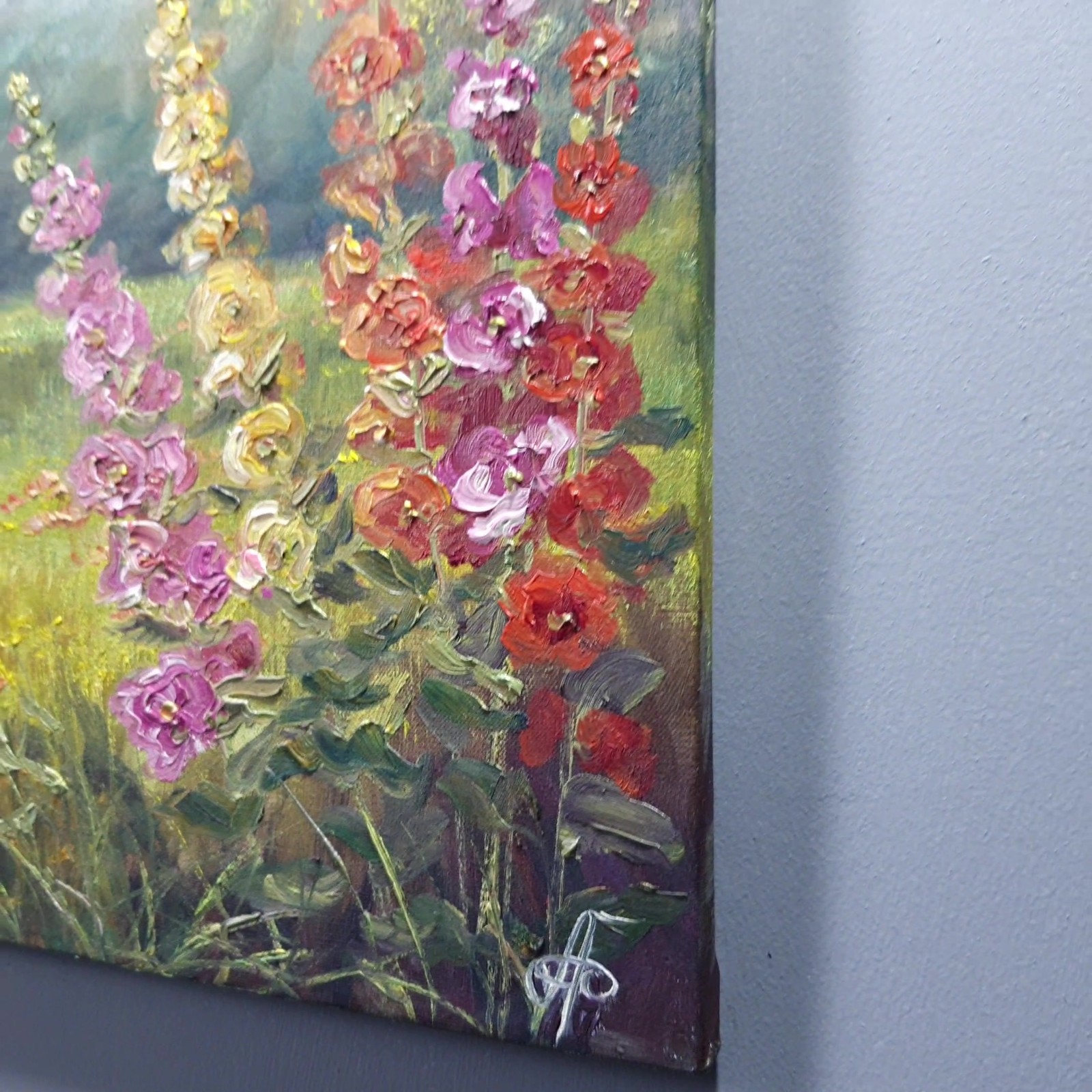 Colorful Hollyhocks Oil Painting Original Garden Flowers Wall Art Canvas 10×10